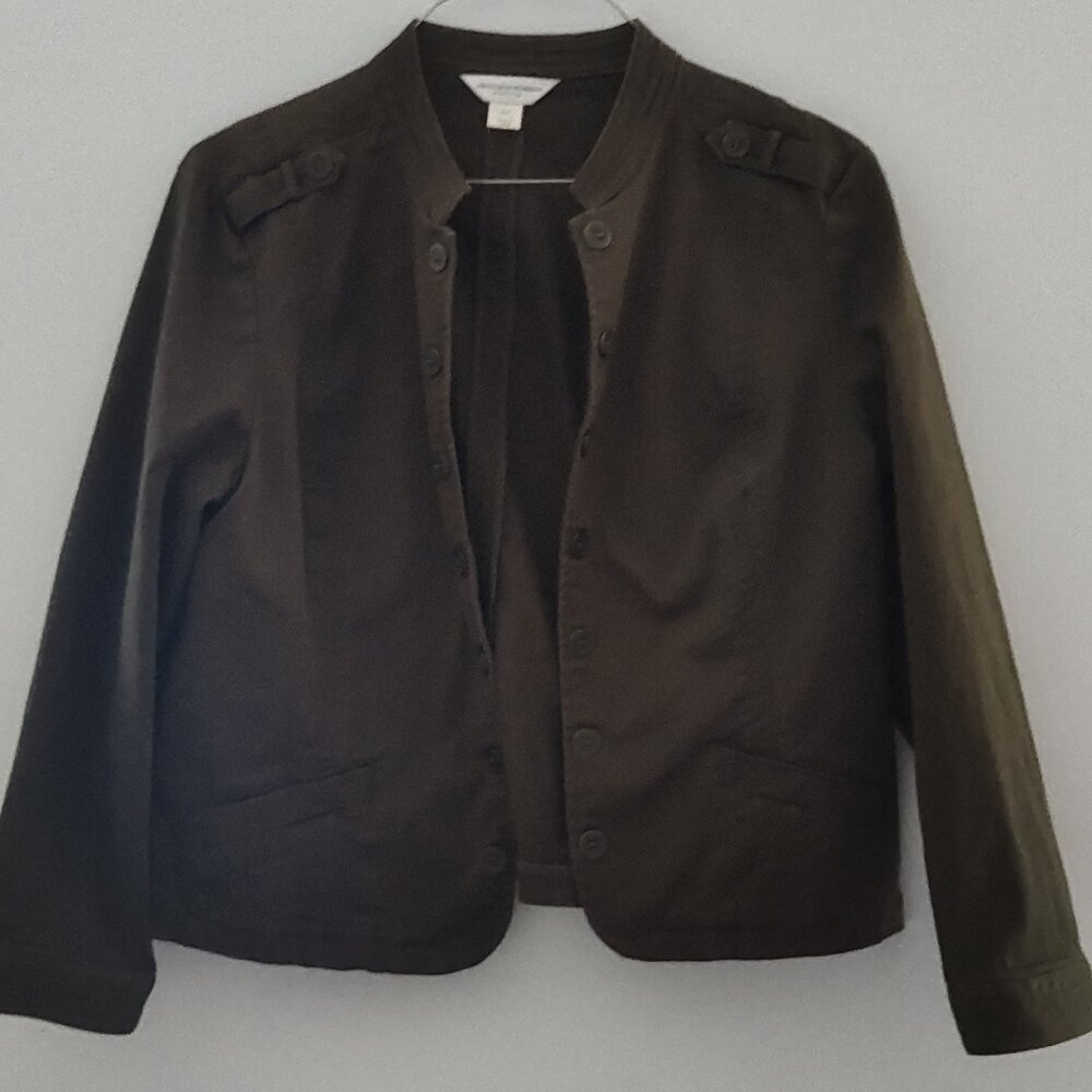 Christopher & Banks Denim Jacket Petite XL Olive Green Long Sleeve Button Front